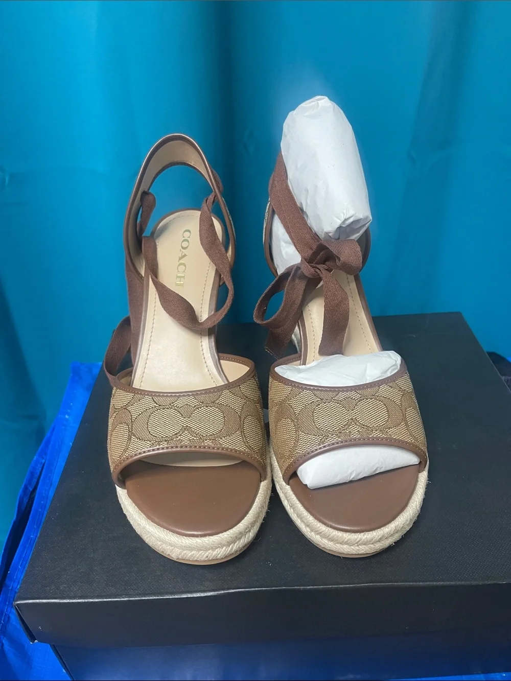COACH Tan & Brown Signature Canvas Espadrille Wedge Sandals